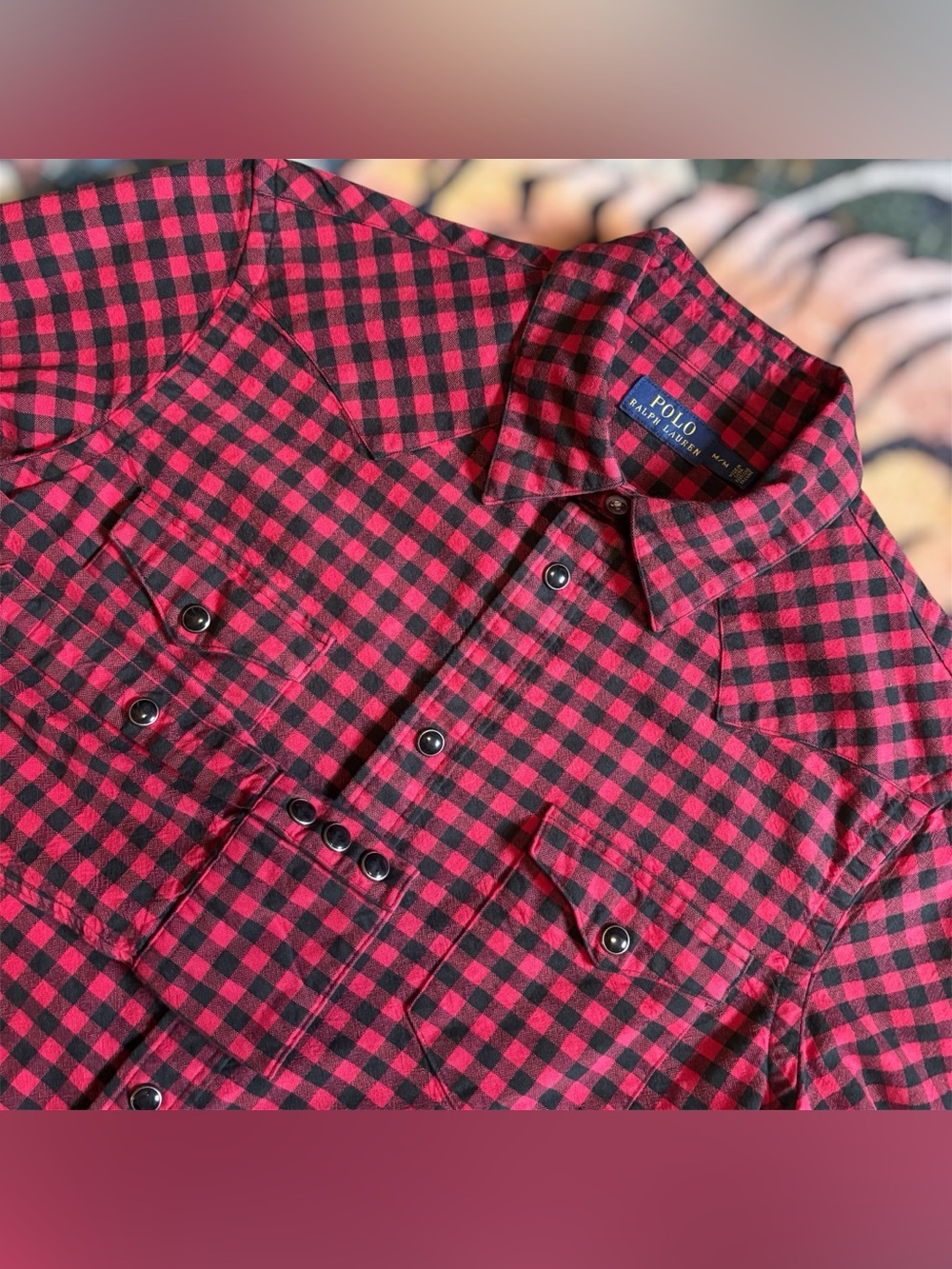 Polo Ralph Lauren Shirt Mens Medium Red Black Gingham Pearl Snap Western Cowboy